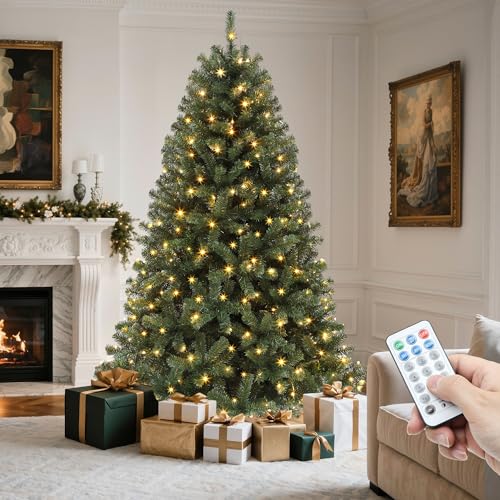 YITAHOME Pre-Lit Green Artificial Hinged Christmas Tree with Remote Control, 6ft Prelighted