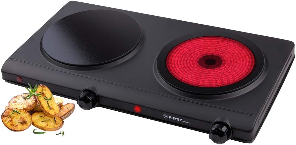 TZS First Austria - 2500 Watt Infrarot-Kochplatte mit 2x 19,4cm Kochfeld | jedes Kochgeschirr geeignet | 300°C in 30 Sekunden | Doppelkochplatte | Infrarotkochplatte Campingkochplatte Mobiles Kochfeld