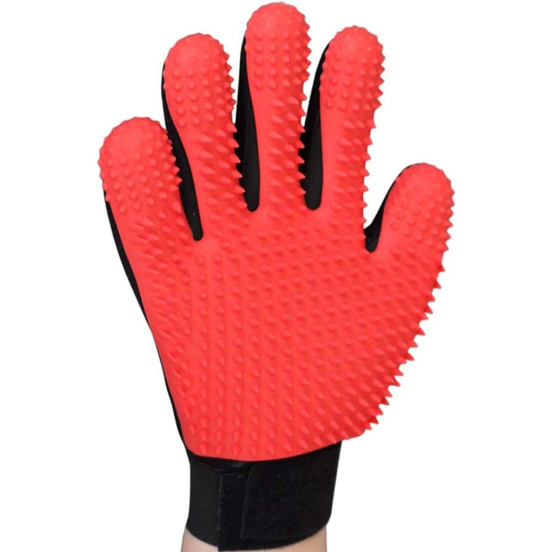 Pet Grooming Glove, Pet Brush Glove, Deshedding Brush Glove, Pet Hair Remover Brush, Bath Tool for Pets, Grooming Pet Mitt For Dogs, Cats & Horses with Long/Short/Curly Hair (Red)