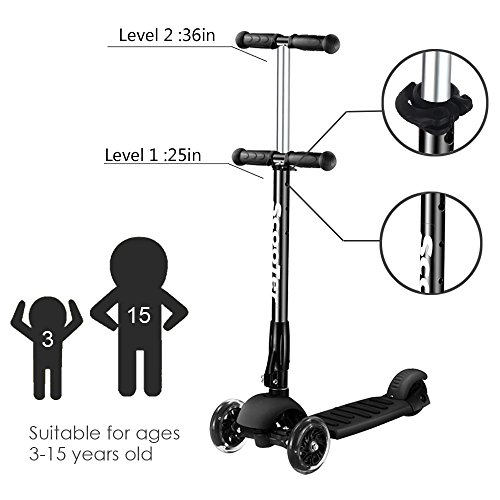 Greentest Scooter Foldable Adjustable Height Easy Turning 3 Wheel Kick Scooter for Kids Boys Girls with Flashing PU Wheels (Black) - Thumbnail 3