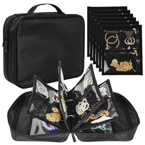 Travel Jewelry Organizer Case, Jewelry Bags with Clear Zipper & Velvet Pouch, Jewelry Storage Binder for Earrings, Rings, Necklaces, Bracelets – Portable and Compact for Travel & Everyday Use (Black)