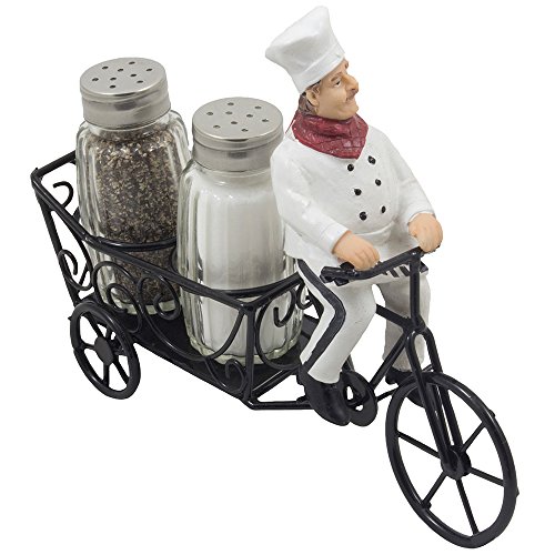 French Chef Pierre Riding Bicycle Cart Salt and Pepper Shaker Set Display Stand Figurine for Decorative Restaurant Dining Room Table Centerpieces or Cottage Kitchen Decor Spice Racks As Wedding Gifts