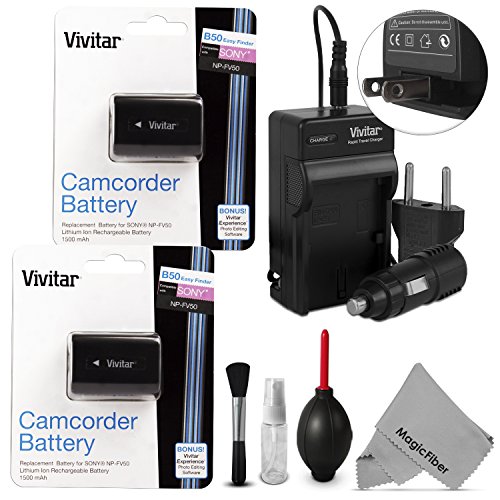 (2 Pack) NP-FV50 Battery and Charger Kit for SONY Camcorders HDR-CX190 HDR-CX210 HDR-CX220 HDR-CX230 HDR-CX260 HDR-CX290 HDR-CX380 HDR-MV1 HDR-PJ200 HDR-PJ230 HDR-PJ260 HDR-PJ380 HDR-PJ430 + MORE - Includes: 2 Vivitar Ultra High Capacity Rechargeable 1500mAH Li-ion Batteries + AC/DC Vivitar Rapid Travel Charger + Cleaning Kit + MagicFiber Microfiber Lens Cleaning Cloth