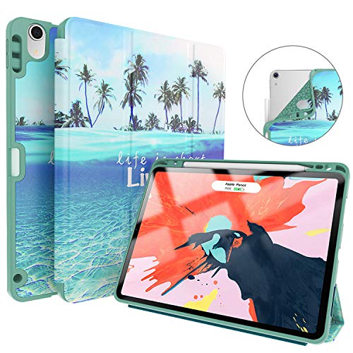 Soke iPad Pro 11 Inch 2018 Case with Pencil Holder, Premium Trifold Case [Strong Protection + Apple Pencil Charging Supported], Auto Sleep/Wake, Soft TPU Back Cover for iPad Pro 11"(Summer Beach)