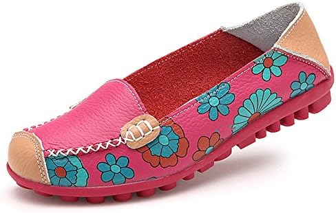 STAINLIZARD Women's Casual Slip-On Flats Moccasins Driving Leather Loafer Shoes Rose Red 8.5
