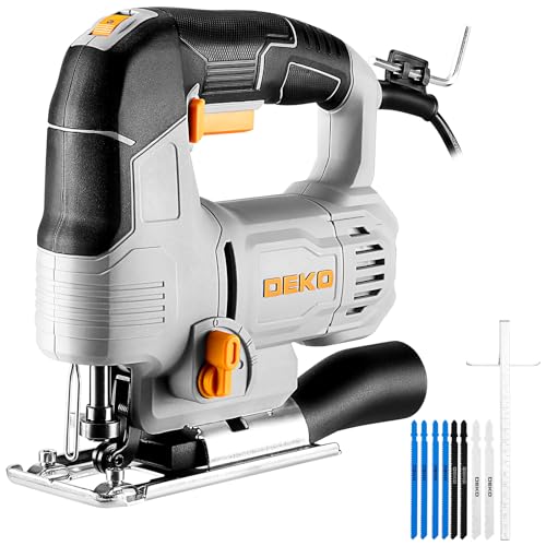 Electric Jigsaw: DEKOPRO 550W Wood Saw with 6 Variable Speeds from 800 to 3000 Cuts per Minute with LED Light, ±45° Inclined Cutting and 8 Blades for Wood, Metal and Plastic