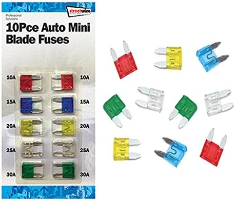 PACK OF 10 MIXED MINI BLADE FUSES - 10A, 15A, 20A, 25A, 30A, red, blue, yellow, white, green