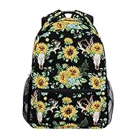 WIHVE Unisex School Backpack Watercolor Sunflower Skull Feather Leaves Horn Student Bookbag Casual Daypack