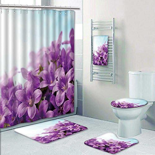UHOO2018 5 Piece Bathroom Rug Set/ 3 Piece Bath Rugs with Fabric Shower Curtain and Bath Towel, Campanula Flowers and Blue Sky Bathroom Sets
