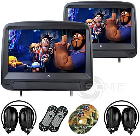 Sonic Audio HR-9A - Universal Leather-Style Car DVD/Multimedia Touch-Screen Headrest Monitors with USB/SD and Games - Includes 2 x Wireless Headphones - Black Colour