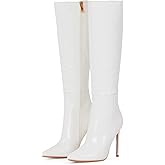 Elisabet Tang 4 inch Women's Knee High Long Boots, Stiletto Tall Pointed Toe Heeled Boot Leather Suede Comfortable Sexy White Size 10