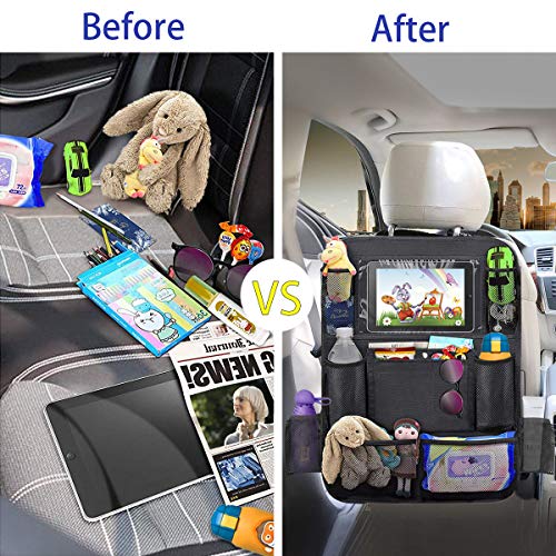 Car Backseat Organizer with 10’’ Touch Screen Tablet Holder Car Seat Back Protector 11 Storage Pockets Kick Mats Travel Accessories for Kids Toy Thermal Insulated Pockets Strong Buckle 2 Pack