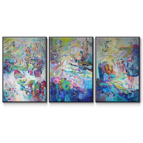 Renditions Gallery Canvas 3 Piece Wall Art Black Floater Framed Light Green Mul…