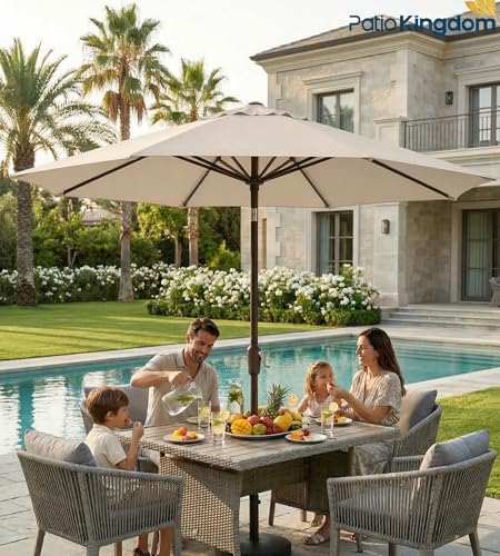 PatioKingdom 9FT Patio Umbrella with Push Button Tilt and Crank Outdoor Market Umbrella with 8 Sturdy Fiberglass Ribs and UV Protection