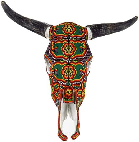 Large Huichol Beaded Bull Skull Wall Mount Authentic Mexican Folk Art (Orange & Green)