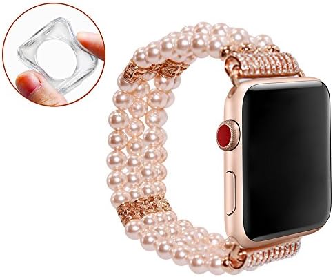 For Apple Watch Band 38mm GREATSHOW Handmade Beaded Quadruple Row Pearl Elastic Stretch Replacement Strap with Screen Protector and Screwdriver for Iwatch Series 3/2/1 Pink