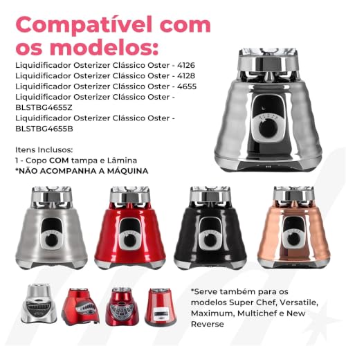 Copo de Vidro Quadrado Compatível com Liquidificadores Oster Clássicos - Base com Lâmina,Tampa e Dosador