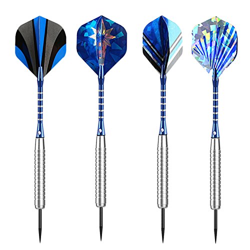 Professional Steel Tip Darts Set 22 grams -12 Pcs Stainless Needle Tipped Dart For Dart Board, Blue Aluminum Shafts,16 holographic Standard Flights, Nickel Silver Metal Barrels and Dart Sharpener