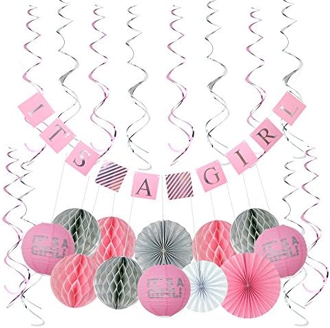 Baby Shower Decorations for Girl ALL INCLUSIVE SET | It's Girl Banner |4 FREE BABY SHOWER GAMES | Flush Pink and Glittery Silver | 25 Pieces |Honeycomb Balls, Fans, Banner, Lanterns, Games