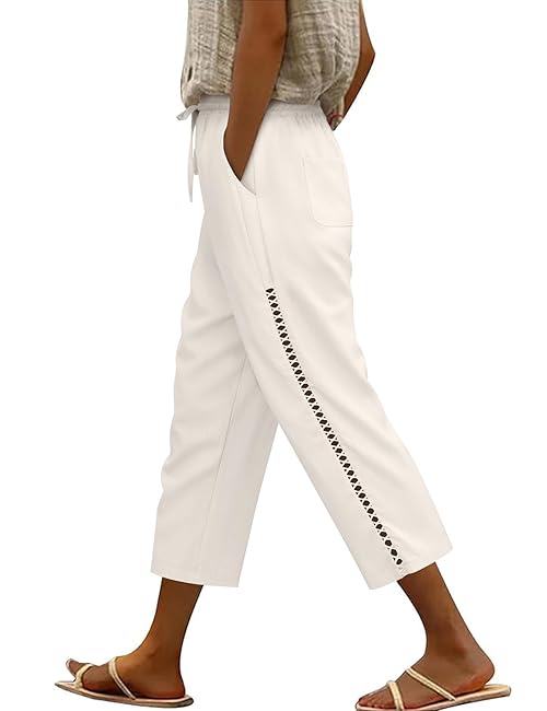 CMTOP Linen Trousers Womens Summer Cropped Trousers with Elasticated Waist 3/4 Trousers with Drawstring Pockets Casual Trouser for Holiday White