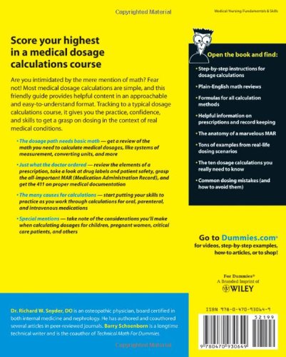 Medical Dosage Calculations For Dummies Amazon Co Uk Snyder Richard Schoenborn Barry Books