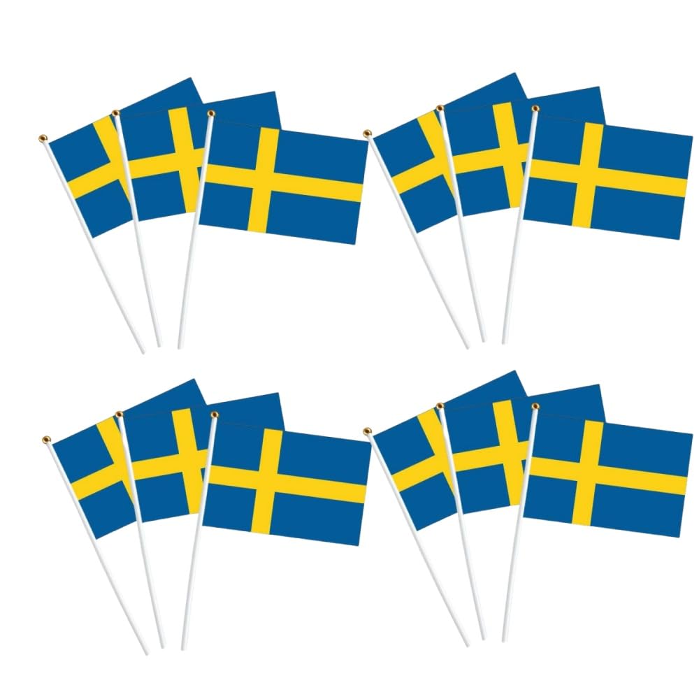 50 Pieces Swedan Mini Flags Swedish Hand Waving Small Flags on Sticks Celebration Parade Supplies Match Cheering Garden Party Decoration (14x21cm)
