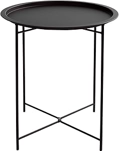 HollyHOME Folding Tray Metal Side Table, Sofa Table Small Round End Tables, Anti-Rust and Waterproof Outdoor or Indoor Snack Table, Accent Coffee Table,(H) 20.28" x(D) 18.11", Frosted Black