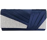 Jubileens Womens Elegant Pleated Satin Crystal Fashion Clutch Evening Bag Purse (Navy blue)