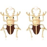 Gold Beetle Earrings, Beetle Dangle Earrings for Women, Bohemian Pearl Beetle Vacation Earring, Cute Beetle Statement Earring Summer Boho Jewelry, Tropical Insect Beetle earrings for Ladies