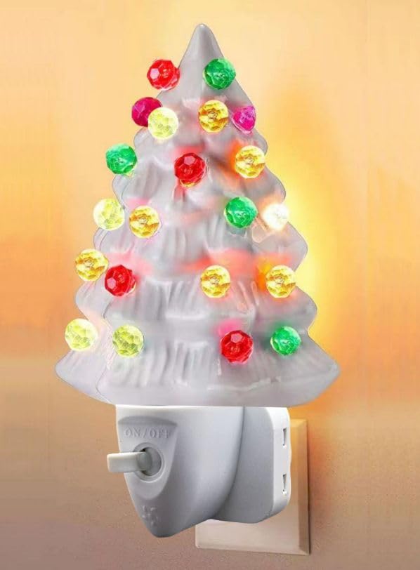 Omana Ceramic Christmas Tree Night Light, Direct Plug, Plugin, Children Bedroom, Multicolor Bulbs & 360 Degree Swivel Plug with ON/Off Switch (White)