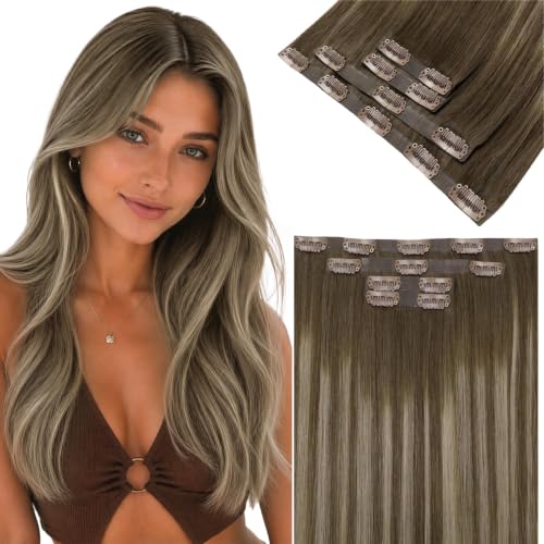 LaaVoo Invisible Clip in Extensions Braun Ombre Echthaar Clips Echthaar Braun Ombre Hellbraun und Dunkelblond Clip in Extensions Echthaar Remy Haar 45cm 4pcs 90