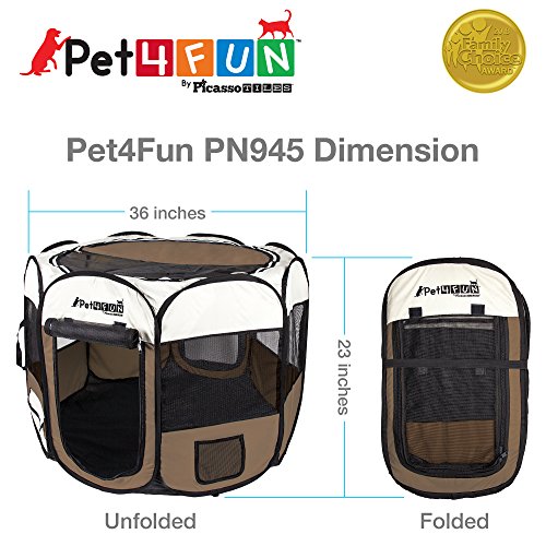 PicassoTiles PET4FUN PN935/PN945 Portable Pet Puppy Dog Cat Playpen Crates Kennel w/Water Resistant 600D Oxford, 210D Nylon, Carrying Bag, Collapsible Bowl, Removable Mesh Cover 2 Sizes