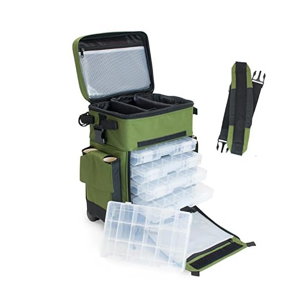 Elkton-Outdoors-Rolling-Tackle-Box-Green-L-157-x-W-96-x-H-185-inches-11-pounds-Waterproof-5-Retractable-Compartments-4-Rod-Holders-Rolling-Fishing-Tackle-Bag-Roller-Tackle-Box