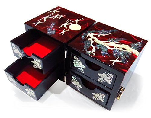 MADDesign-Jewelry-Box-Trinket-Organizer-Twin-Cube-Wood-Mother-of-Pearl-Inlay-Lacquered-Crane-Pine-Tree-Red