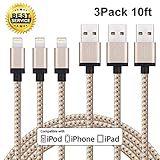 Cablex 3pcs 10FT Nylon Braided Charging Cable Cord 8-Pin Lightning to USB Cable Charger Compatible with iPhone 7/ 7 Plus/6/6s/6 plus/6s plus, iPhone 5/5s/5c,iPad, iPod and More(Gold)