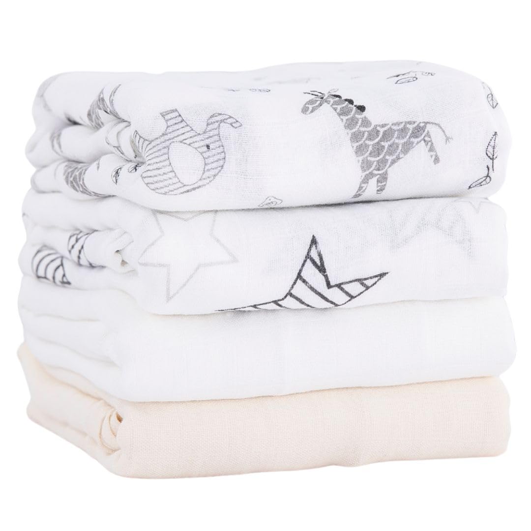 Photo 1 of FLEXORA Muslin Swaddle Blankets for Baby Boys and Girls, 4-Pack Breathable and Skin-Friendly Receiving Blanket Wrap, Baby Essentials, Registry & Gift, 47 x 47 inches (Monochrome Safari)