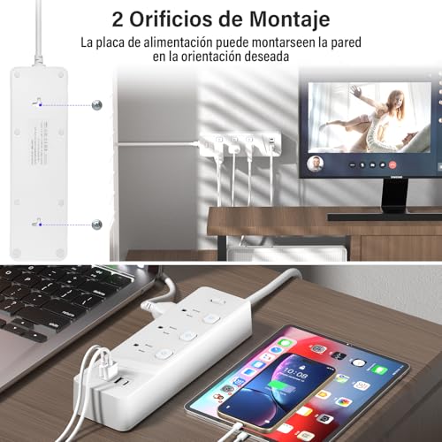 KIROGILY Multicontacto Regleta Extension Electrica con Protector Supresor de Picos Voltaje, Enchufe Plano, 1.8 M, 6 Tomas de Ca y 4 USB (2 USB-C), Sleek Socket, Excelente para Oficina y Hogar