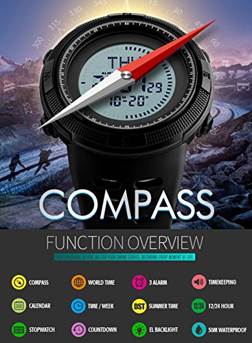 Men's Outdoor Survival Sports Digital Led Watches With Compass 5ATM Water Countdown 3 Alarm Stopwatch (Army Green)