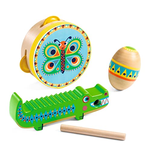 DJECO Animambo 3 Pc Set - Guiro, Maracas, Tambourine - Safe Music Instrument for Kids, Educational Toddler Musical Toy for Motor Skills, Creativity, Imagination & Rythym - Toys Girls & Boys