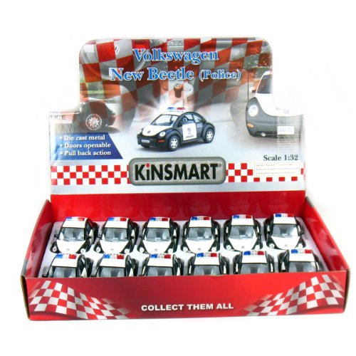 12 pcs in Box: 5" Volkswagen Beetle Police Car 1:32 Scale (Black/White)