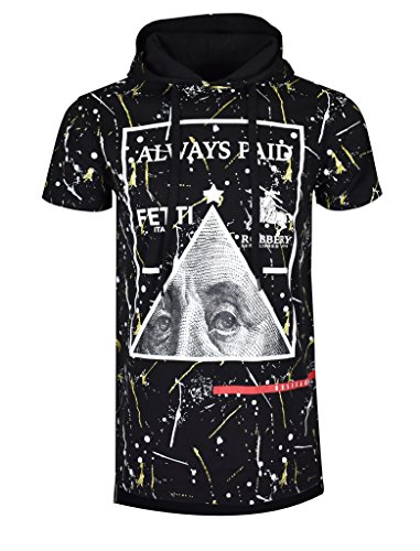 SCREENSHOTBRAND Mens Hip Hop Longline Premium Tee - Pullover Hooded Fashion T-shirt Splatter Metallic Gold Powder Print - Black - Medium