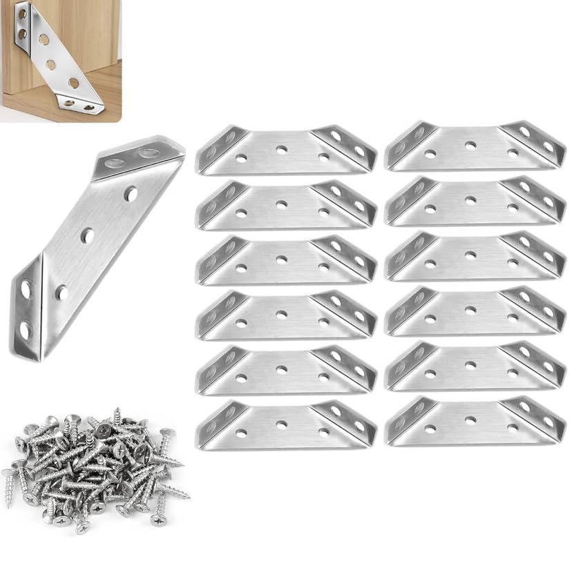 12 PCS Corner Connector, Stainless Steel Corner Connector with 84PCS Screws, Angle Fastener Corner Brackets Fixing Shelf Brackets for Wood Cabinet Furniture Tables and Chairs