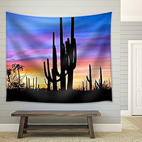 Saguaro Silhouetten in Sonoran Desert Sunset Lit Sky - Fabric Wall Tapestry Home Decor - 51x60 inches