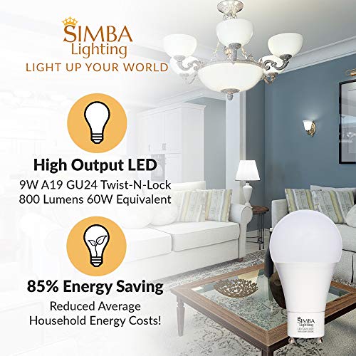 Simba Lighting LED GU24 A19 Light Bulb 9W 60W to 75W Replacement 120V 2 Prong Twist and Lock Base for Ceiling Lights, Pendants, Outdoor Lanterns, Floor Lamps, Non-Dimmable, 5000K Daylight, Pack of 4 - Thumbnail 3