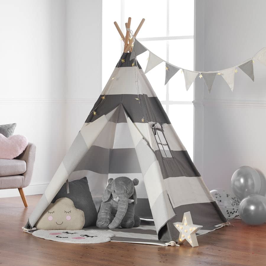 Haus Projekt Kids Teepee Tent Grey with Fairy Lights, Bunting, Carry Bag and Waterproof Floor Mat, 160cm CE Certified Childrens Teepee Play Tent, Indoor Outdoor Tipi Playhouse, Garden Beach Wigwam