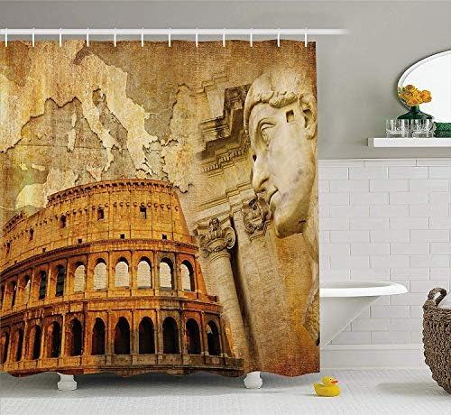 HOJJP Retro Shower Curtain, Roman Empire Concept Famous Columns Sculptress Colosseum Map of the Nation Print, Fabric Bathroom Decor Set with Hooks, 60W X 72L Inches, Orange Brown