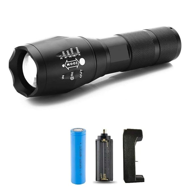AB Sales Super Bright LED Tactical Flashlight Zoomable Adjustable Focus 5 Modes Water Resistant Torch with Rechargeable 18650 Lithium Ion Battery & Charger