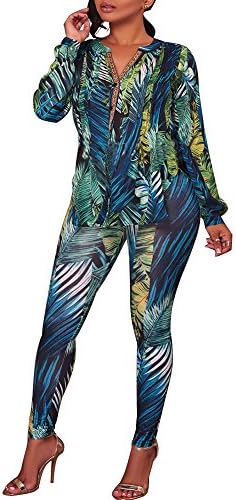 YouSun Womens Casual Floral Print Long Sleeve Round Neck Top Stretch High Waist Long Pants 2 Pieces Outfit Jumpsuit Romper,Flower Green,Medium