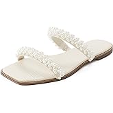 LACUONE Pearl Strap Flat Sandals For Women Slip On Square Open Toe Slides Sandals