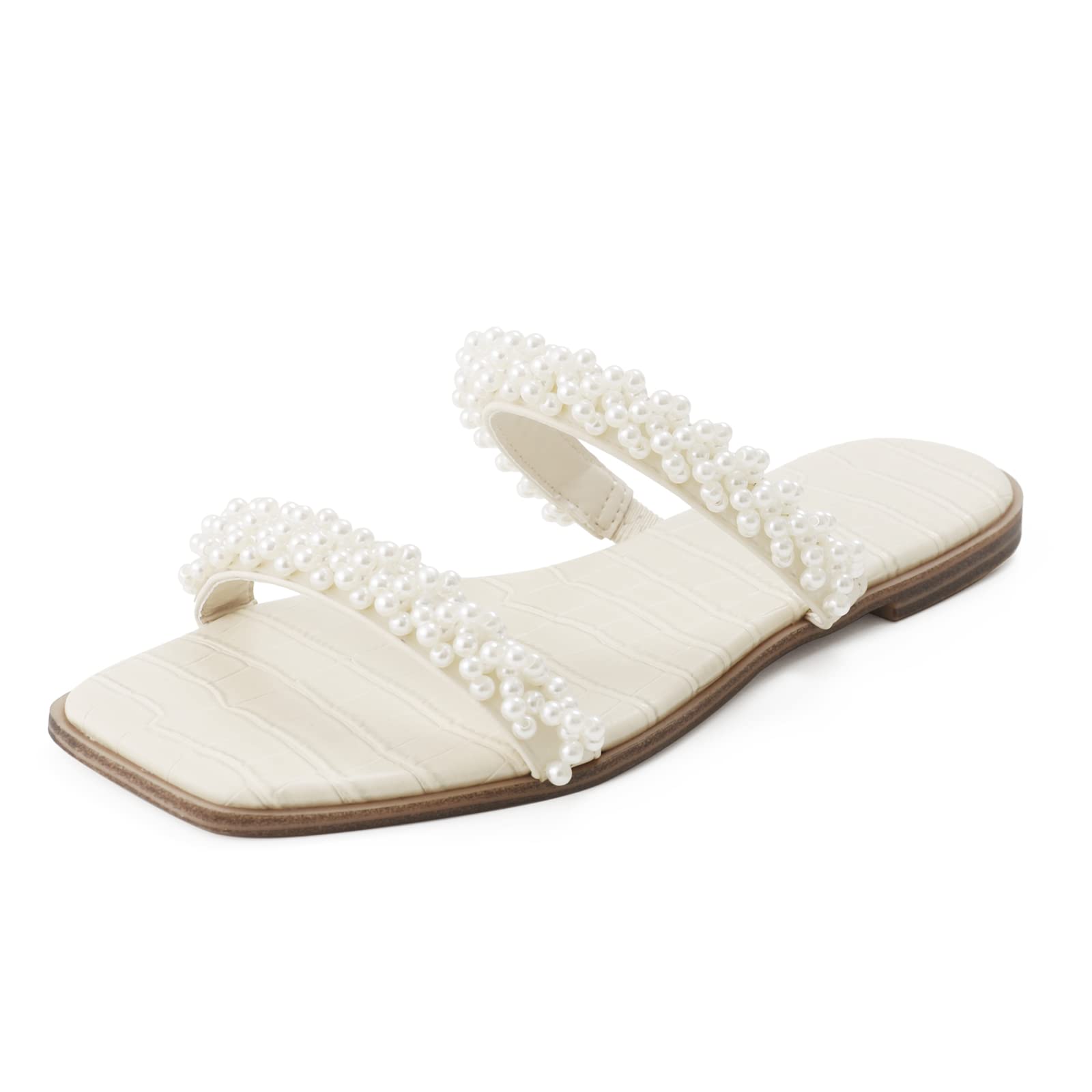 Photo 1 of LACUONE Pearl Strap Flat Sandals For Women Slip On Square Open Toe Slides Sandals(9,Beige pearl)